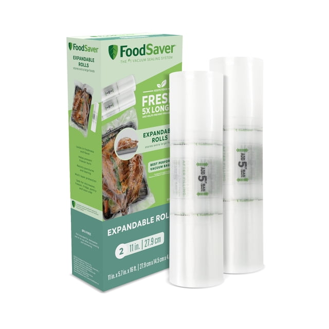 FoodSaver 11" x 16' Expandable Vacuum Sealer Rolls 2 pack featuring two clear textured vacuum seal rolls next to a green and white box with images of sealed cooked poultry and text highlighting BPA-free, expandable design for large foods, and freshness up to 5 times longer, ideal for storing whole roasts or casseroles.