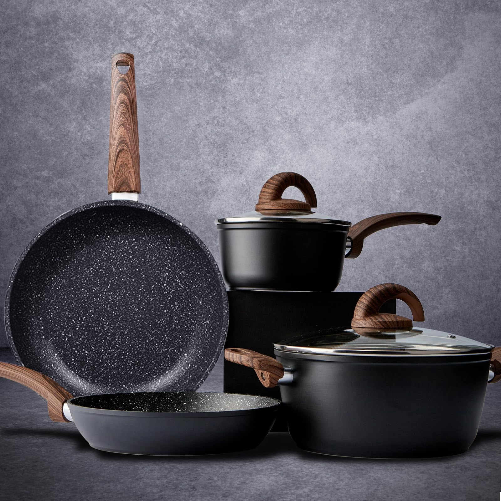 Vkoocy Pots and Pans Set Non Stick, Ceramic Cookware Set with Granite Pattern Kitchen Cooking Sets Induction Pot and Pan w/Frying Pans, Saucepans, Ca