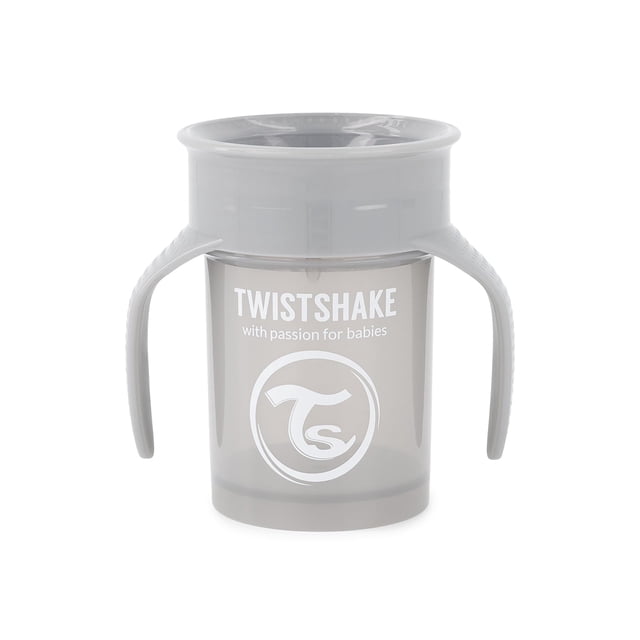 Twistshake 360 Sippy Cup 230ml Spill-Free Pastel Grey 6+m. A pastel grey sippy cup with dual handles and a 360-degree spill-proof drinking rim. Designed for babies 6 months and older, it features an intelligent valve system that opens with suction and seals instantly. Made from BPA-free materials, it holds 230ml and is dishwasher safe.