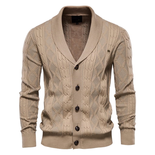 Mikilon Men's Sweater Cardigan Solid Color Lapel Long-Sleeved Knitted Jacket