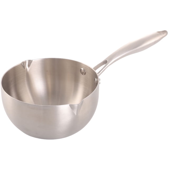 Verka 3 ply stainless steel milk pan with long handle and dual pouring spouts, 18cm diameter for easy cleaning.