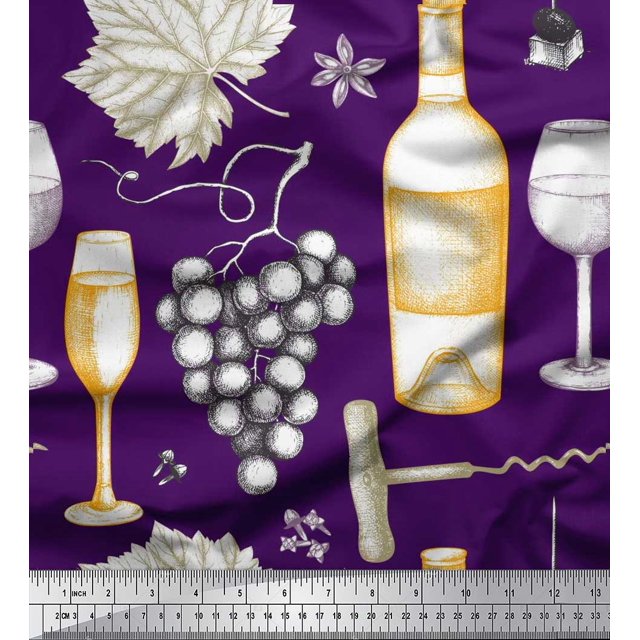 Soimoi polyester Crepe Fabric Grapes,Wine Glass & Bottle Decor Fabric Printed Yard 42 Inch Wide