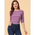 thumbnail image 2 of INSPIRE CHIC Chemises Rayées pour Femmes Coupe Ajustée Manches au Coude T-Shirt à Encolure Bateau L Rouge Rose, 2 of 5