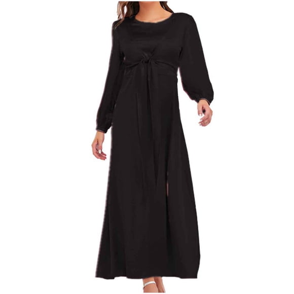 Off the Shoulder Dress Women's Summer Comfort Fashion Solid Colort Tie Long Sleeve Round-Neck Dress Flower Women Dress S-138 Black S