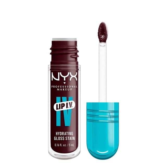 NYX Professional Makeup Lip IV Hydrating Gloss Stain in Mauve N' Moist shade, displayed as a clear tube with dark mauve lip tint and a separate turquoise blue cap with applicator wand coated in the lip stain, providing up to 12-hour hydration and a high pigment wet shine finish, ideal for precise one-swipe application with vitamin and coconut water infusion.