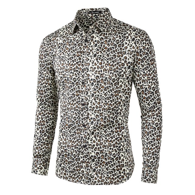INSPIRE CHIC Men's Vintage Leopard Printed Button Down Long Sleeve Cotton Shirt