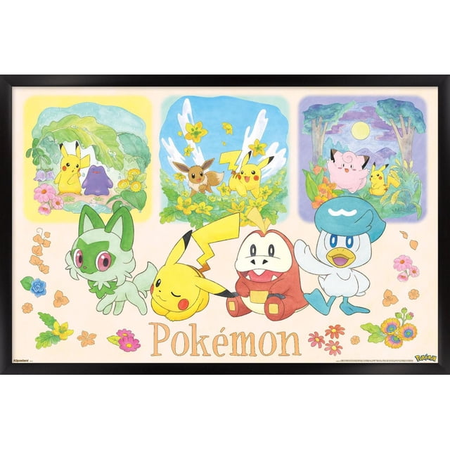 Pokémon : une Scène - Affiche Murale de Groupe, 14,725 Po x 22,375 Po Encadrée, Montrant des Personnages Pokémon Orientés vers l'Avant Pikachu, Grookey, Darumaka et Ducklett avec accents Floraux. Comprend Trois Scènes Plus Petites : Pikachu avec Ditto sous la Pluie, Pikachu et Eevee parmi des Fleurs Jaunes, et Pikachu avec Clé sous une Pleine Lune dans une Forêt. le Fond Crème Présente le logo Pokémon en Police à serif orange. Cette Affiche Encadrée Légère