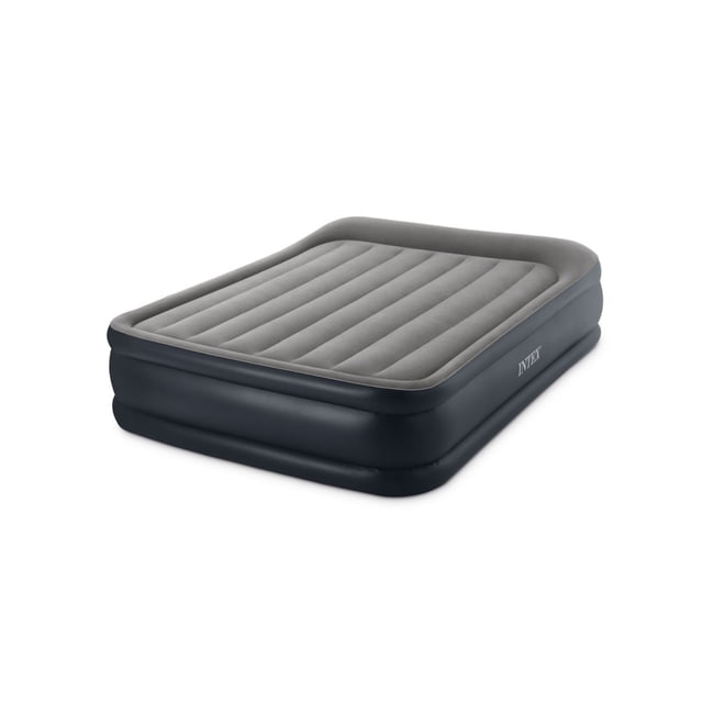 Intex 16.5" Twin Deluxe Pillow Rest Airbed with Fiber-Tech Technology, a raised twin size air mattress with built-in pillow, soft velvety grey sleeping surface, and durable black sides providing ergonomic support and stability for camping or guest use.