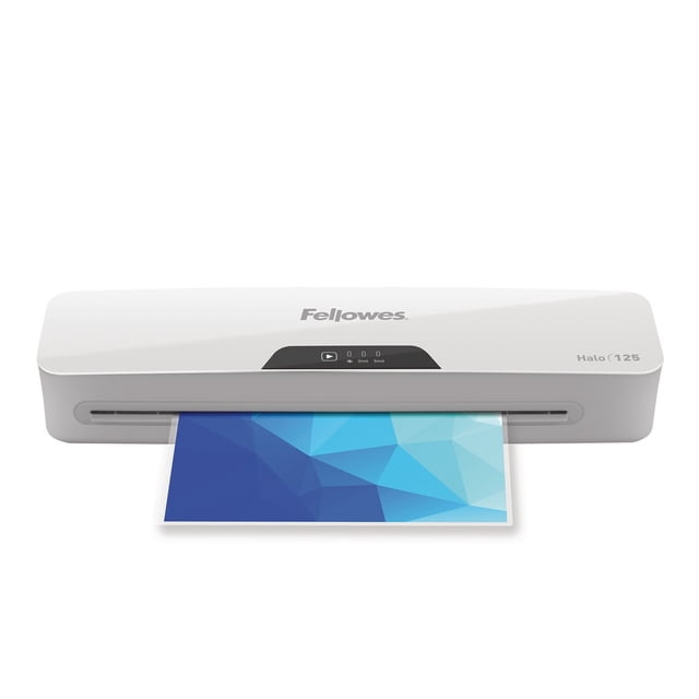Fellowes Halo™ 125 Laminator front view showing a white compact laminator with a blue geometric patterned document partially inserted. It features InstaHeat Technology for rapid warm-up, auto-shutoff, and supports hot and cold lamination, ideal for home office laminating supplies.