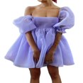 thumbnail image 1 of Women Off Shoulder Puff Sleeve Mini Dress Tulle Princess Dress Ruffle Mesh Evening Party Prom Dress, 1 of 6