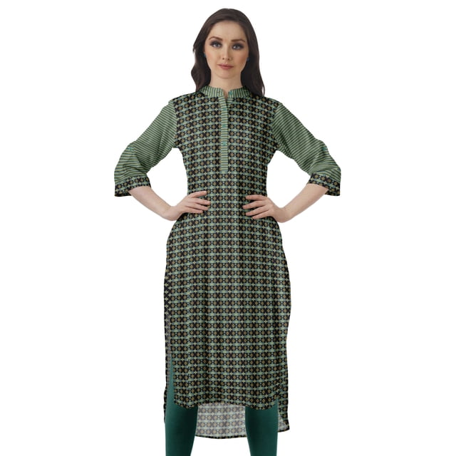 Moomaya Kurta d'Été en Coton Longueur Genou Imprimé Manches Retroussables Kurtis pour Femmes