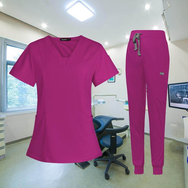 ziyahi Female Scrub Set Nurse v neckline Machine Washable Short Sleeves Suit S Rose Red