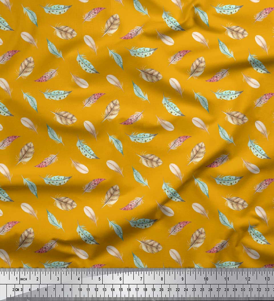 Soimoi Gold Rayon Fabric Artistic Feather Print Fabric by the Yard 56 Inch Wide