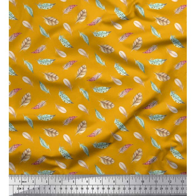 Soimoi Gold polyester Crepe Fabric Artistic Feather Print Fabric by the Yard 52 Inch Wide