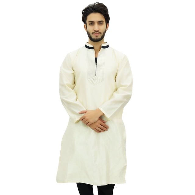 Atasi Ensemble Kurta Pyjama Blanc de Fête pour Homme, Chemise Dupion Longue - Grand