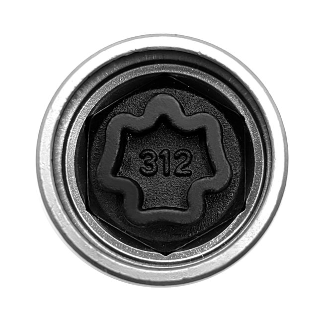 Replacement for Mercedes Benz Master Locking Wheel Nut Key 312 Anti-theft Screw Socket Wrench Tool. Close-up view of the silver steel socket wrench with a black anti-theft locking nut featuring a star-shaped design and the number '312' engraved in the center. This hand tool is designed to prevent wheel theft and is compatible with specific locking nuts. Ensure compatibility by matching the image to your vehicle's locking nut before purchase.