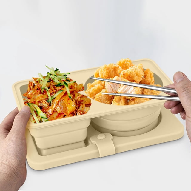 Meitianfacai Silicone Reusable Snack Container with Lid Leakproof Double Compartment Condiment Box Portable for Travel Easy to Clean Dishwasher Safe Meal Prep Box (Beige)