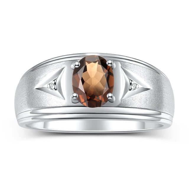 RYLOS Men's Rings Sterling Silver Classic 8X6MM Oval Gemstone & Diamond Ring Smoky Quartz June Birthstone Rings For Man Silver Rings Size 8