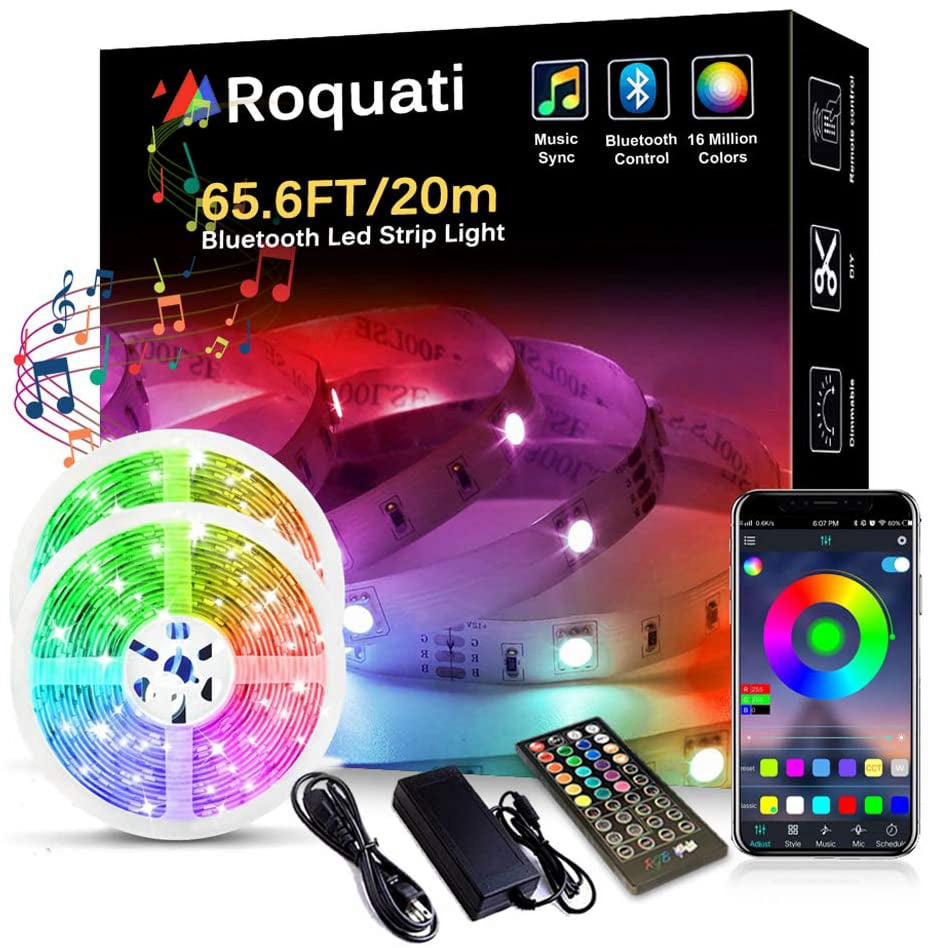 Bluetooth LED Light Strip 65.6FT/20M 5050 RGB Strip Lights Music Sync Color Changing Rope Lights FlexibTape Light Kit with APP Controller for Bedroom Home Kitchen