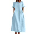 thumbnail image 2 of LOVZFMLL Women's Summer Fashion Solid Color Round Neck Short Sleeve Linen Dress Light Blue M, 2 of 9