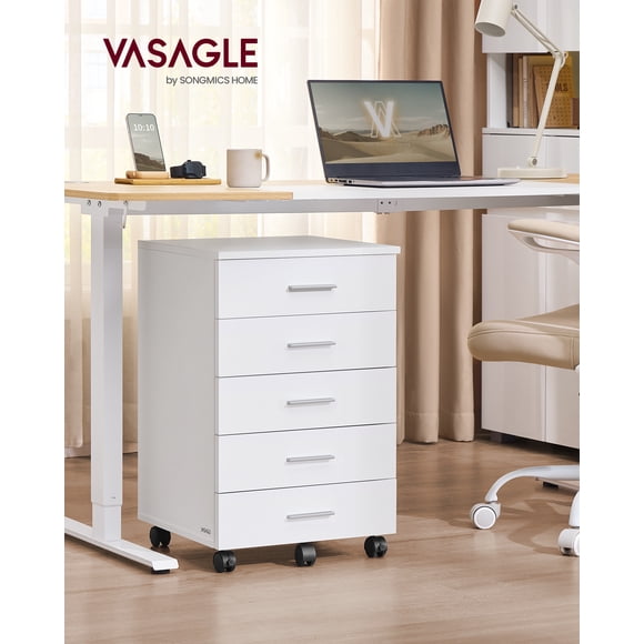 Classeur Mobile à 5 Tiroirs - Free Assembly Sans Outils, Roues Verrouillables, Support d'Imprimante pour Bureau à Domicile, Blanc Nuage