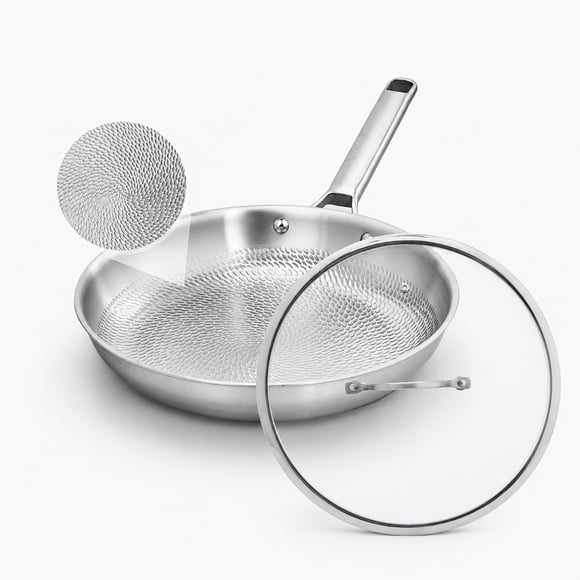 Ktaxon 12 Inch Titanium Stainless Steel Frying Pan with Lid, Tri-Ply Nonstick Skillet, Induction Oven Safe