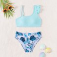 thumbnail image 1 of IROINID Girls Tropical Print Ruffle Trim Bikini Swimsuit 7-15 Years Blue 9Y, 1 of 7