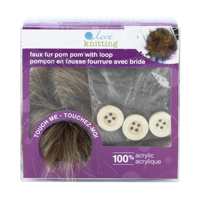 Love Knitting Pom Pom 4 Pouces Brun avec Embout Noir - 2 Pcs dans un Emballage Transparent Montrant Deux Pompons en Fausse Fourrure Doux et Duveteux en Brun Chaud avec Embouts Noirs et Trois Boutons beige à Quatre Trous, Faits de 100 % Acrylique, Convenant aux Projets de Tricot, Crochet et scrapbooking.