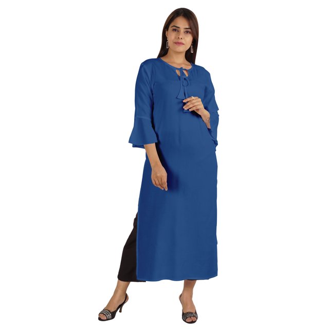 Moomaya Solid Rayon Kurta For Women bell Sleeve Drawstring Neck Long Ethnic Kurti