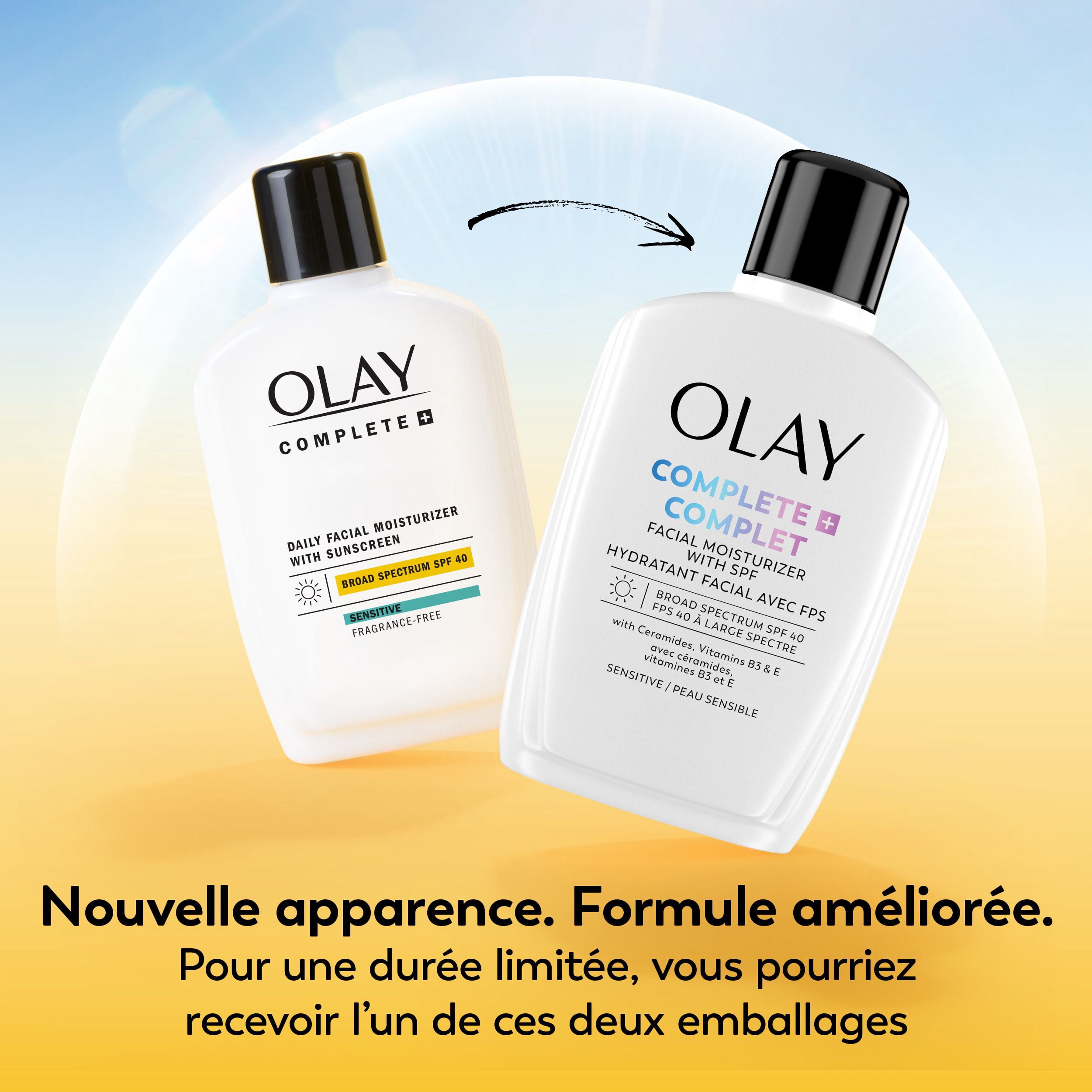 Hydratant Pour Le Visage Olay Complet+ avec Fps 40, Sans Parfum Pour La Peau Sensible, Protection Solaire À Large Spectre – Sans Traces Blanche, Nourrit La Barrière D’Hydratation – Céramides, 177 mL
