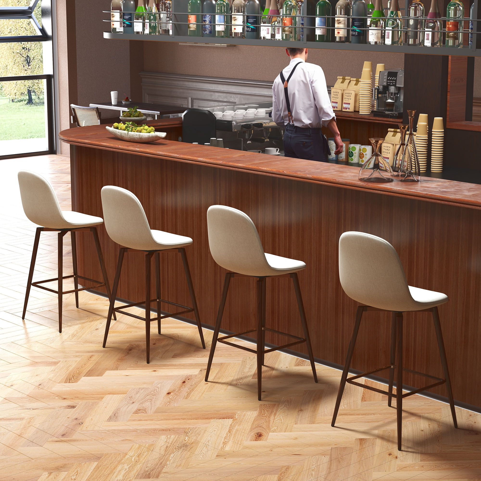 Homy Casa Set of 4 Swivel 26 inch Bar Stools with Footrest Upholstered Seats for Kitchen Dining Home Bar, Beige Fabric