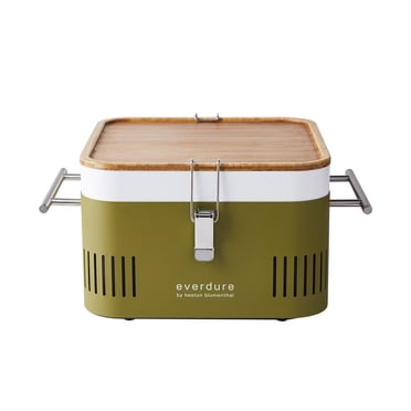 Everdure Barbecue au Charbon Portable en Forme de Cube, Barbecue de Table, Gril Parfait pour Hayon, Plage, Patio Ou Camping, Petit Gril Léger et Compact avec Planche de Préparation et Plateau de Rangement pour Aliments, Kaki