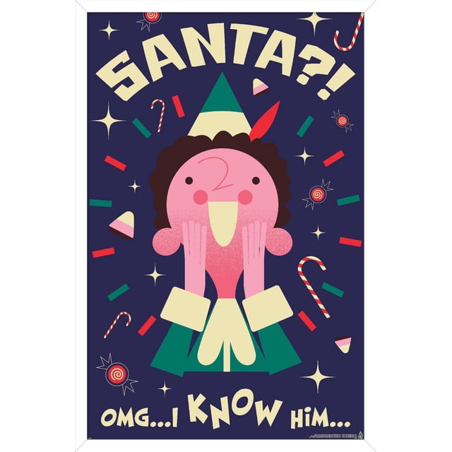 Elf - I Know Him Wall Poster, 14.725" x 22.375" framed, depicting a front-facing cartoon elf with a pink face, curly brown hair, green and cream outfit, and green hat with red feather. The dark blue background features candy canes, candy pieces, and star shapes. Text reads 'SANTA?!' at the top and 'OMG... I KNOW HIM...' at the bottom. Ideal for festive home or party décor.