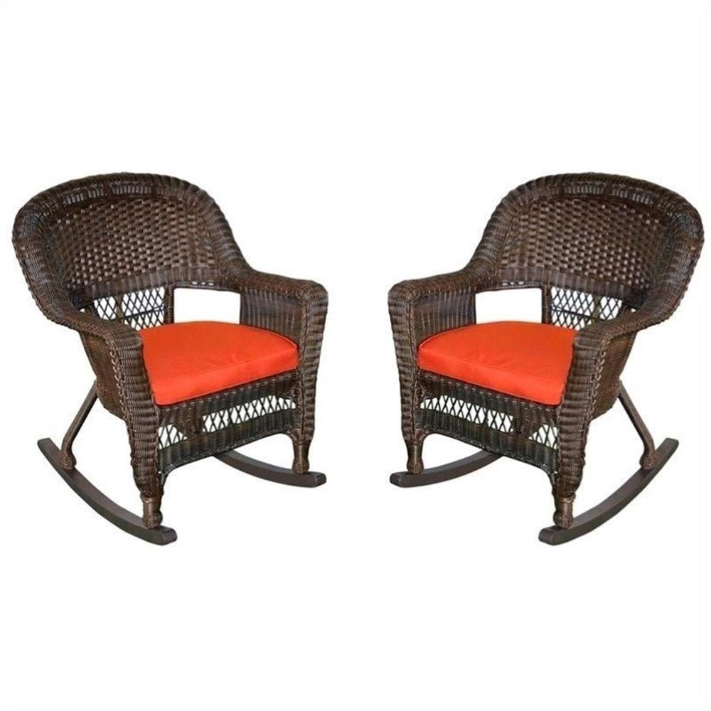 Pemberly Row Chaise Berçante en Osier Couleur Espresso avec Coussin Rouge (Ensemble de 2)