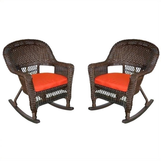 Pemberly Row Chaise Berçante en Osier Couleur Espresso avec Coussin Rouge (Ensemble de 2)