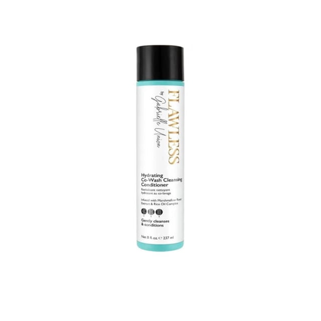 Hydrating Co-Wash Cleansing Conditioner by Flawless by Gabrielle Union, a 237ml white cylindrical bottle with black cap and turquoise base, formulated to gently cleanse and condition hair with marshmallow root extract and rice oil complex, ideal for hydrating and nourishing hair care.