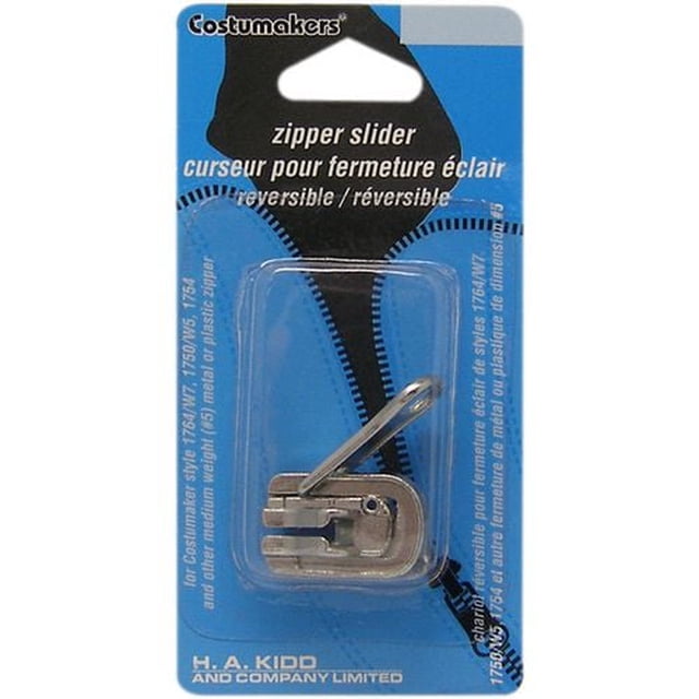 Costumakers Reversible Zipper Slider with nickel finish in retail packaging, designed for medium-weight #5 metal or plastic zippers, featuring a swing-around handle for reversible use on sleeping bags, jackets, and gear repairs, suitable for sewing projects.