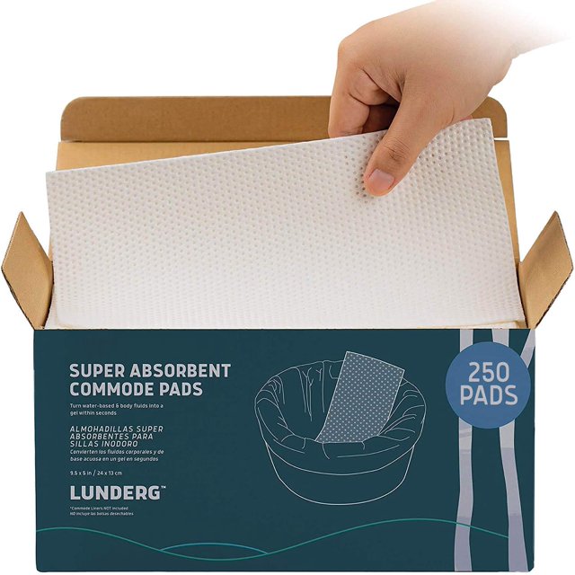 Lunderg Coussinets de Commode Super Absorbants - Paquet Économique de Qualité Médicale 250 Unités - pour Doublures de Commode de Chevet Jetables, Chaise de Commode pour Adulte, Sacs de Toilette Portatifs Ou Camping - Rend la Vie Tellement Plus Facile