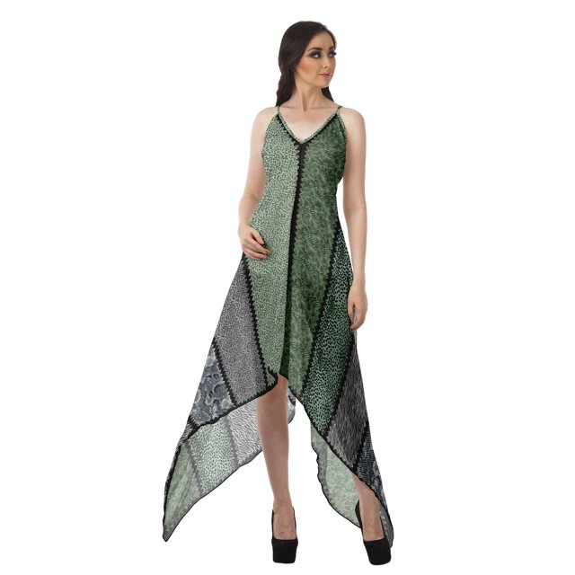 Moomaya Robe à Ourlet en Foulard pour Femmes, Imprimée, Col en V, Ourlet Asymétrique
