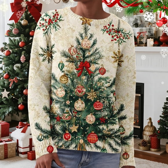 Women's Pullover Sweater Women Christmas Tree Snowflake Reindeer Long Sleeve Knit Xmas Sweater,Beige Women's Pullover Sweater L