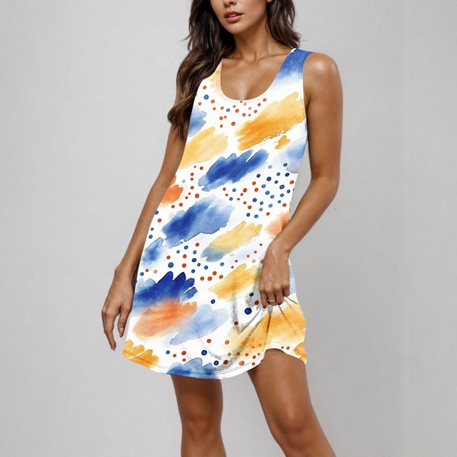 Ovzne Robes Grande Taille pour Femmes aux Formes Robe pour Femme Robe Décontractée et Tendance pour Femmes Imprimée Col Rond Sans Manches avec Poche Robe Courte Décontractée Robe Maxi Grande Taille Imprimée Liquidation