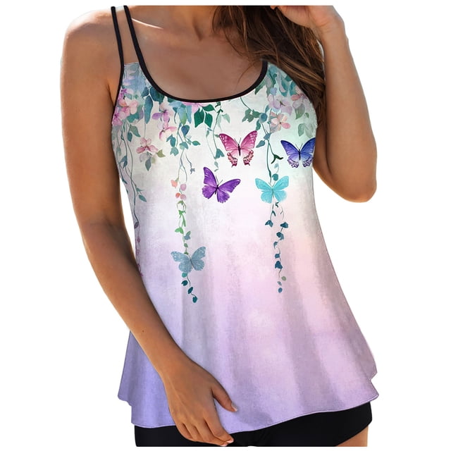 NIEWTR Womens Tankini Top Crew Neck Swimsuits Modest Tummy Control Bathing Suit Spaghetti Straps Swim Tank Top(Light Purple,S)