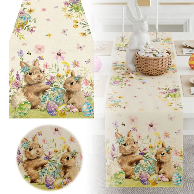 Elegant Table for Spring Holiday Event - Watercolor Bunny Easter Runner for Dining Room Kitchen Party Tablecloth 13x108 Inch