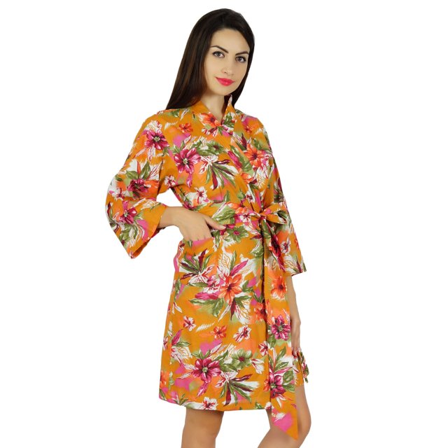 Bimba Women Printed Short Cotton Robe Bride Bridesmaid Getting Ready Coverup