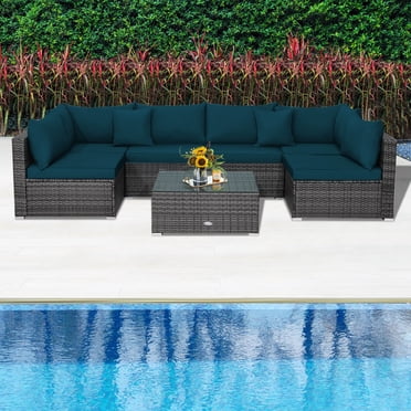 Costway 7PCS Patio Rattan Furniture Set Sectional Sofa Cushioned Garden Peacock Blue