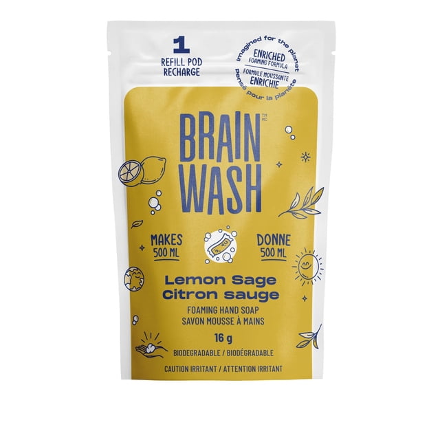 Brain Wash Foaming Hand Soap Refill Pod - Lemon Sage in a white and yellow pouch with blue text, containing one 16 g pod that makes 500 ml of biodegradable foaming hand soap, labeled in English and French with caution for irritant, suitable for reducing plastic waste in hand care.