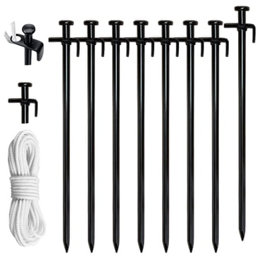 Eurmax USA 12 inch Multiuse Heavy Duty Steel Tent Stakes Tarp Pegs Camping Stakes for Outdoor Camping Canopy and tarp with 4 Ropes 10FT Length(Black)