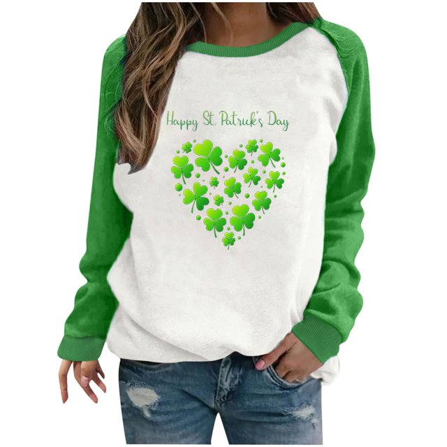 Besolor St Patricks Day Sweatshirt Women Color Block Long Sleeve Shamrock St. Patricks Shirts Tees Holiday Party Pullover Tops