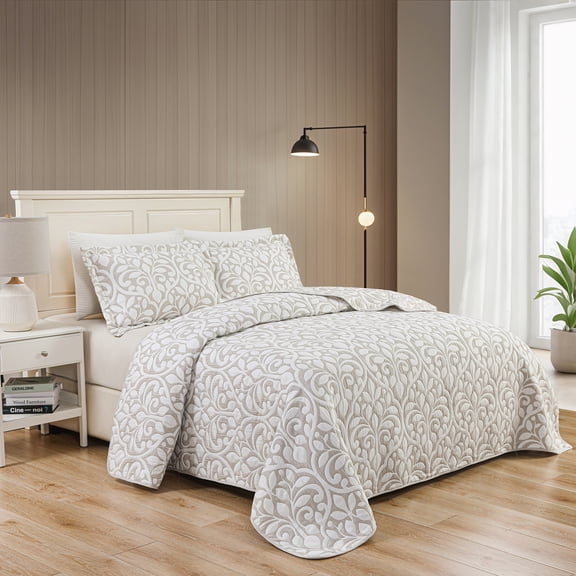 Couvre-lit brodé en jacquard Marina Decoration, couvre-lit ultra doux, parure de lit réversible d'été avec taies d'oreiller matelassées, motif de feuilles grises