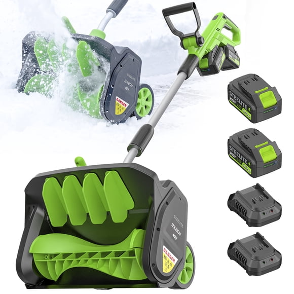 Steelite Pelle à Neige Sans Fil 2*21V de 17 Pouces avec Roues, Souffleuse à Neige à Batterie avec Moteur Sans Balais, Batterie 2*4.0-Ah et Double Chargeur Rapide Inclus, Pelle Électrique pour Déneigement pour Patio